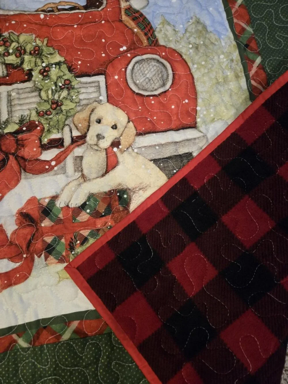 Handmade Christmas Red Truck Christmas Quilt Fleece backing / Season of Joy